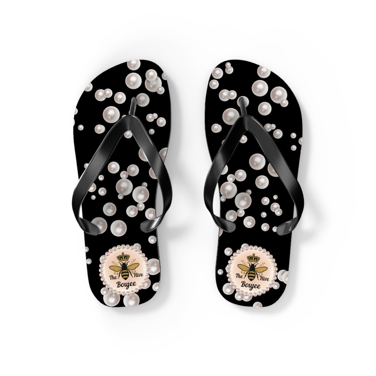The Boujee Hive Crowned-Bee BLACK (Sea of Pearls) Flip-Flops - SMALL