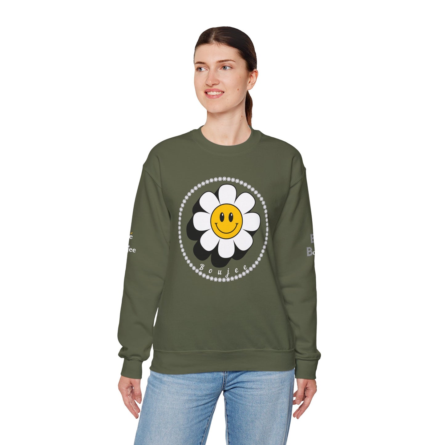 Boujee Flower Smiley Face White Gold - Heavy Blend™ Dark Colors Crewneck Sweatshirt