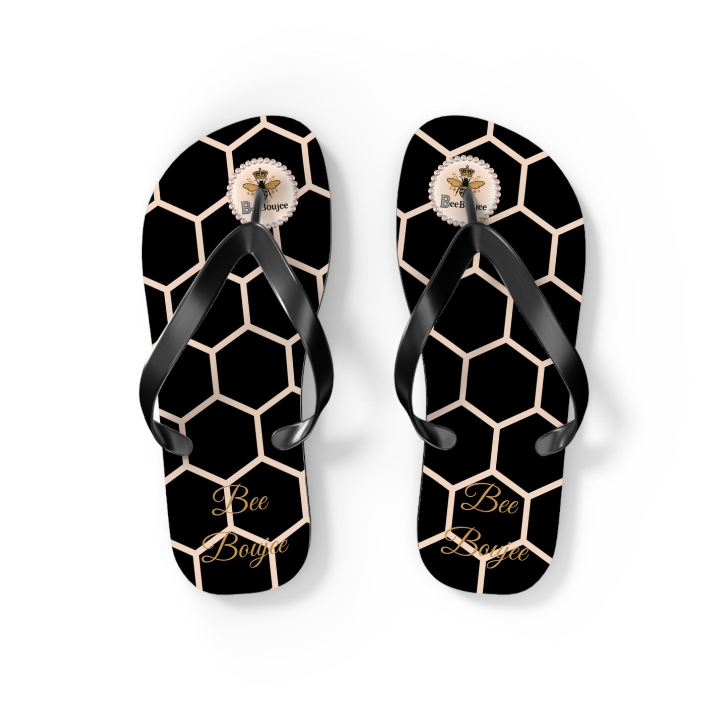 Bee Boujee Peach Honeycomb Flip-Flops (Black & Gold) - SMALL