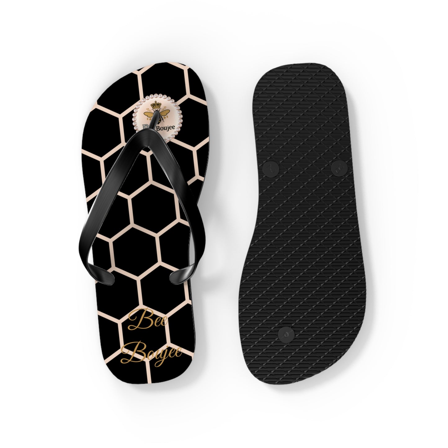 Bee Boujee Peach Honeycomb Flip-Flops (Black & Gold) - MEDIUM