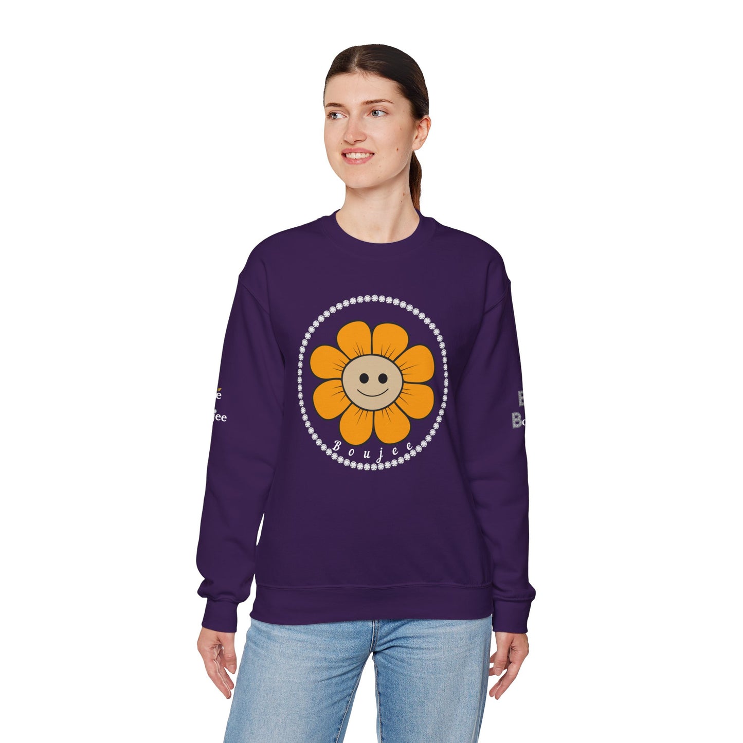 Boujee Flower Smiley Face Gold Tan - Heavy Blend™ Dark Colors Crewneck Sweatshirt