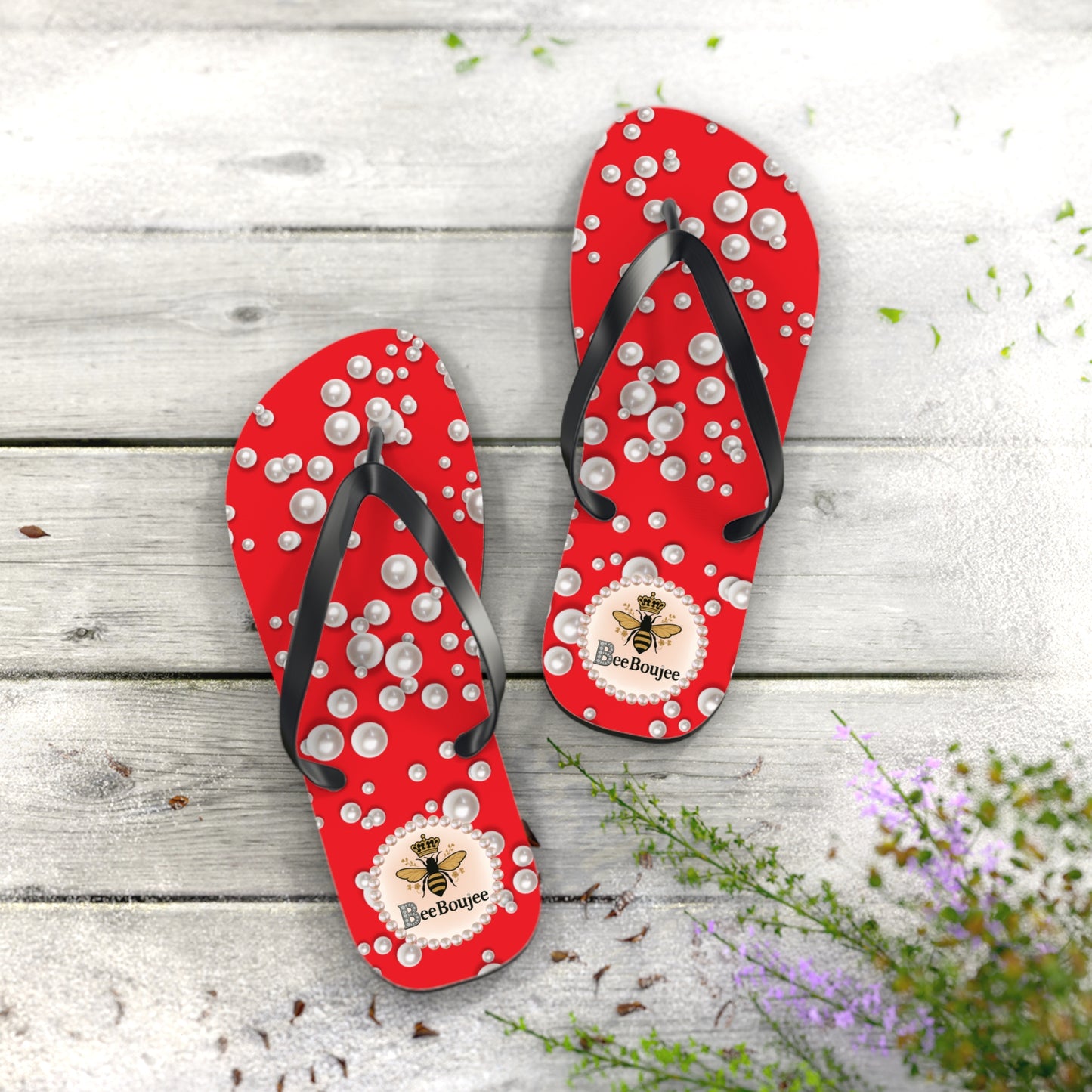 Bee Boujee Flip Flops - RED in Sea of Pearls - EXTRA LARGE