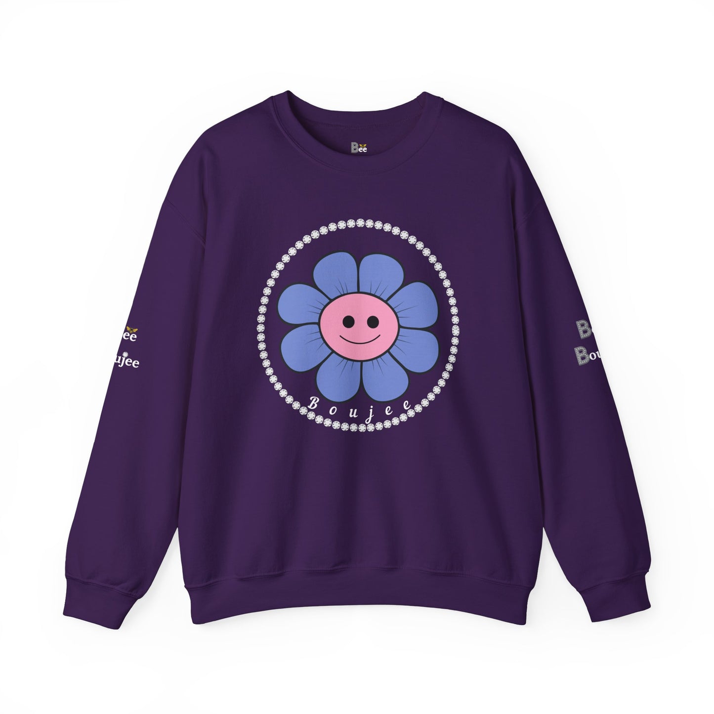 Boujee Flower Smiley Face Blue Pink - Heavy Blend™ Dark Colors Crewneck Sweatshirt