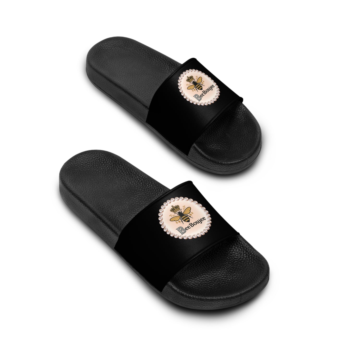 Bee Boujee Pearl-Emblem Women’s Slides Sandals, Summer Footwear, Cute Beach Slippers, Casual Slip-Ons