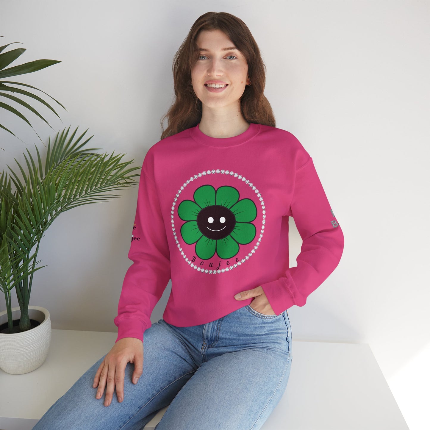 Boujee Flower Smiley Face Green Black - Heavy Blend™ Light Colors Crewneck Sweatshirt