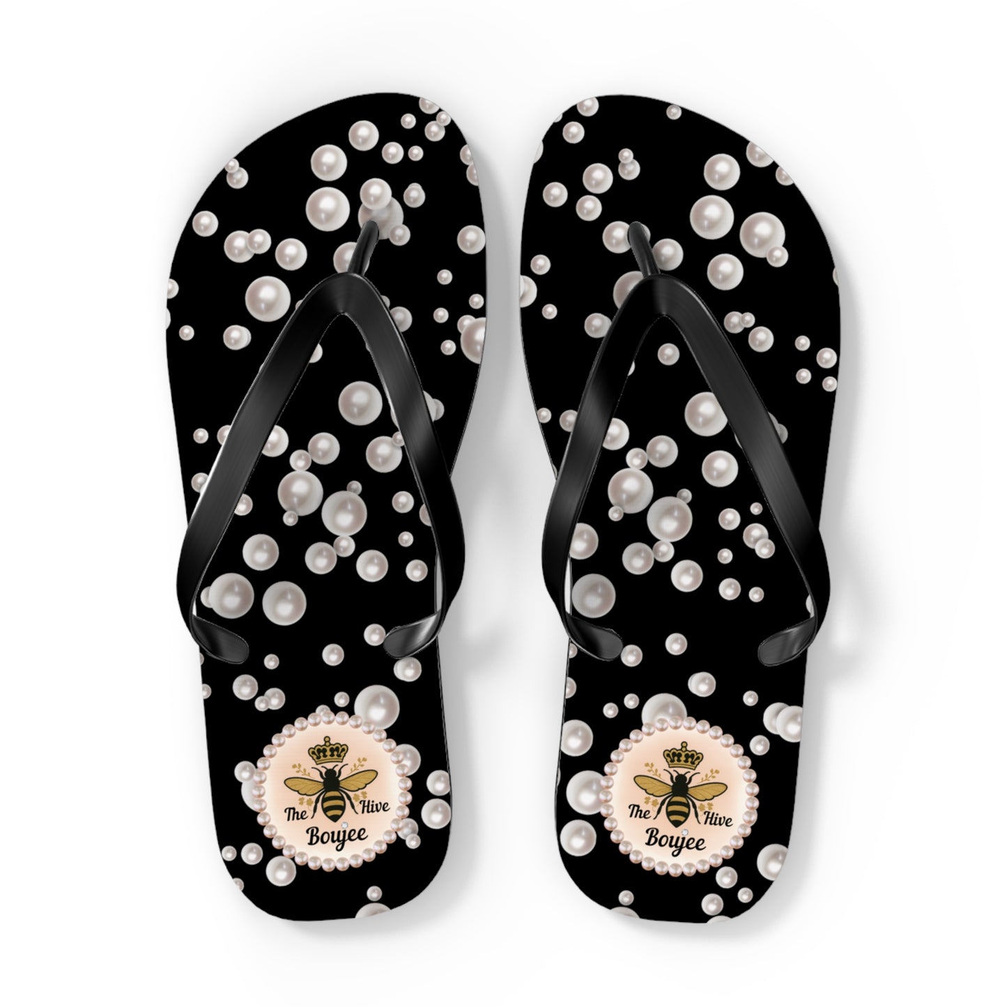 The Boujee Hive Flip Flops - BLACK in Sea of Pearls - EXTRA LARGE