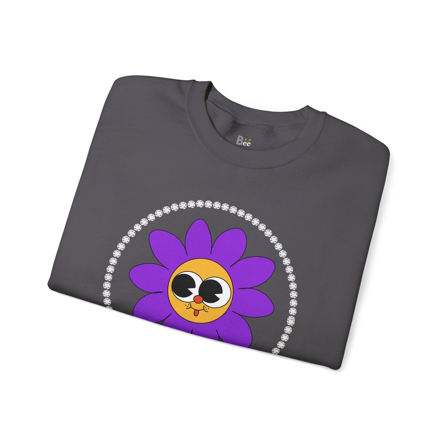 Boujee Flower Smiley Face Purple Gold Wide-Eyed - Heavy Blend™ Dark Colors Crewneck Sweatshirt