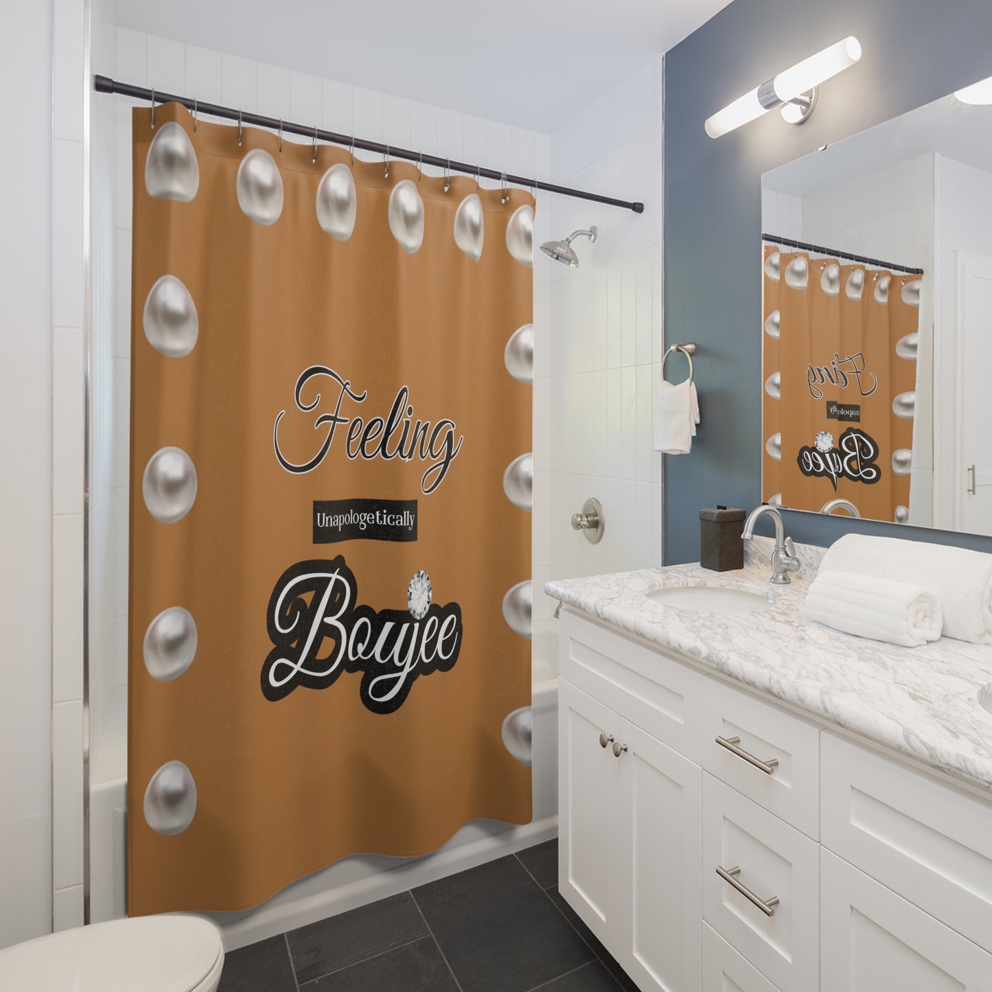 Feeling Boujee - Shower Curtain BROWN with PEARLS