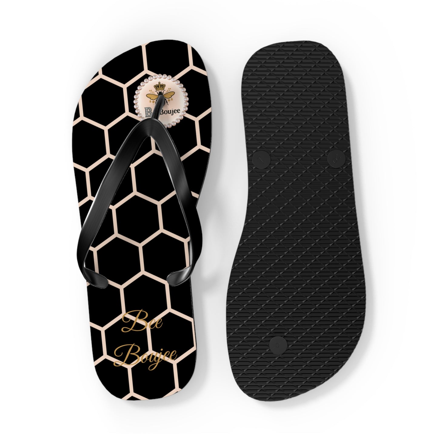 Bee Boujee Peach Honeycomb Flip-Flops (Black & Gold) - EXTRA LARGE