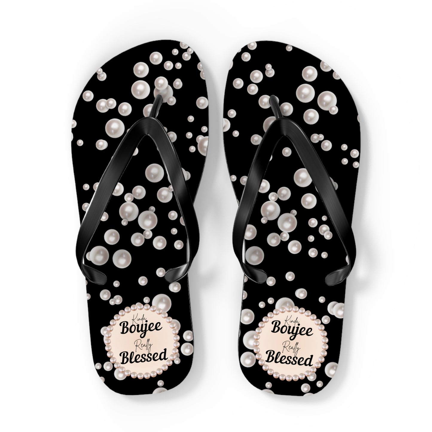 Kinda Boujee Really Blessed Flip Flops - BLACK in Sea of Pearls - EXTRA LARGE