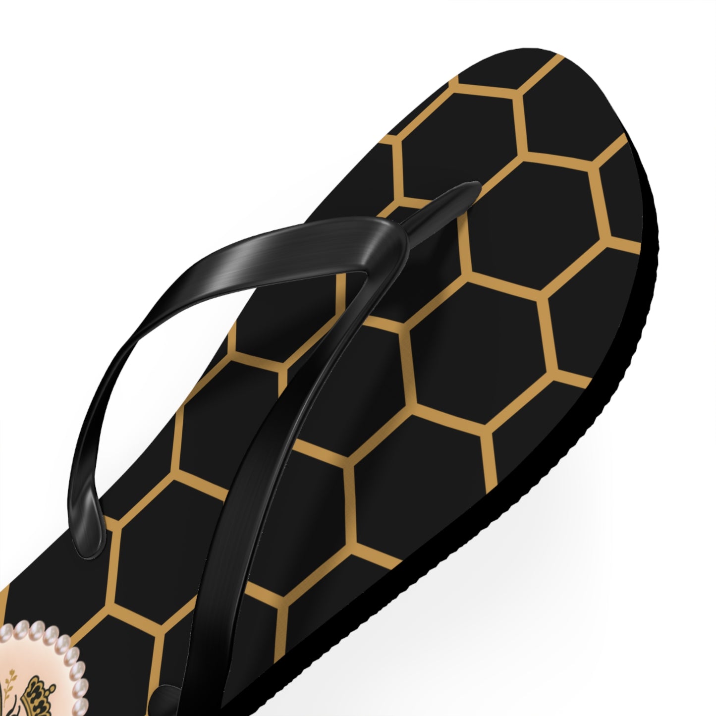 The Boujee Hive Flip Flops - BLACK Golden Honeycomb - LARGE