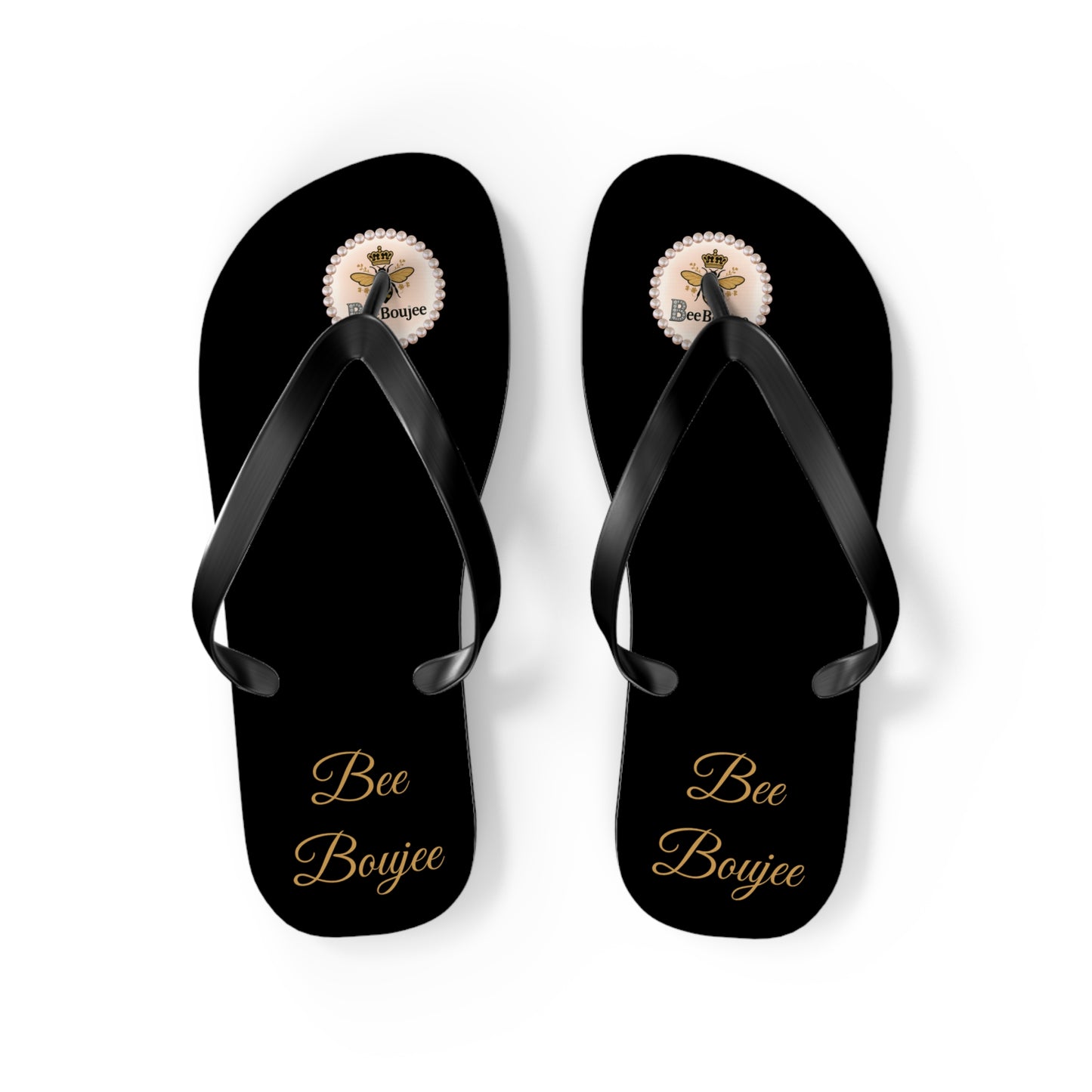 Bee Boujee Crowned-Bee Flip-Flops (Black & Gold) - MEDIUM