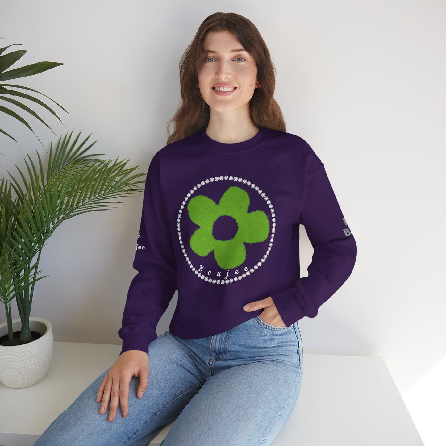 Boujee Fuzzy Green Flower- Heavy Blend™ Dark Colors Crewneck Sweatshirt