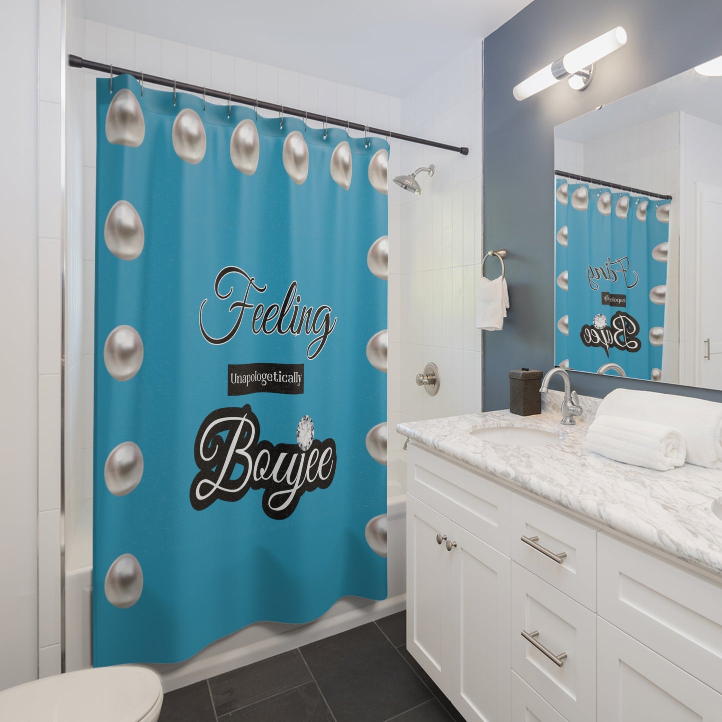 Feeling Boujee - Shower Curtain TURQUOISE with PEARLS