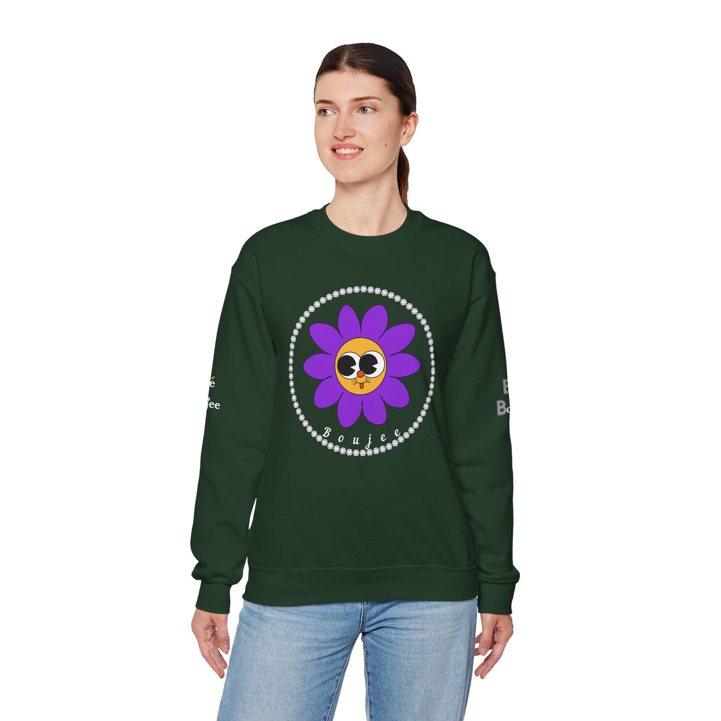 Boujee Flower Smiley Face Purple Gold Wide-Eyed - Heavy Blend™ Dark Colors Crewneck Sweatshirt