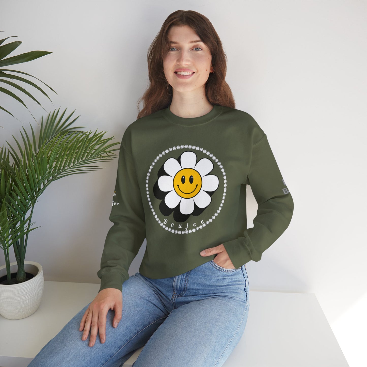 Boujee Flower Smiley Face White Gold - Heavy Blend™ Dark Colors Crewneck Sweatshirt