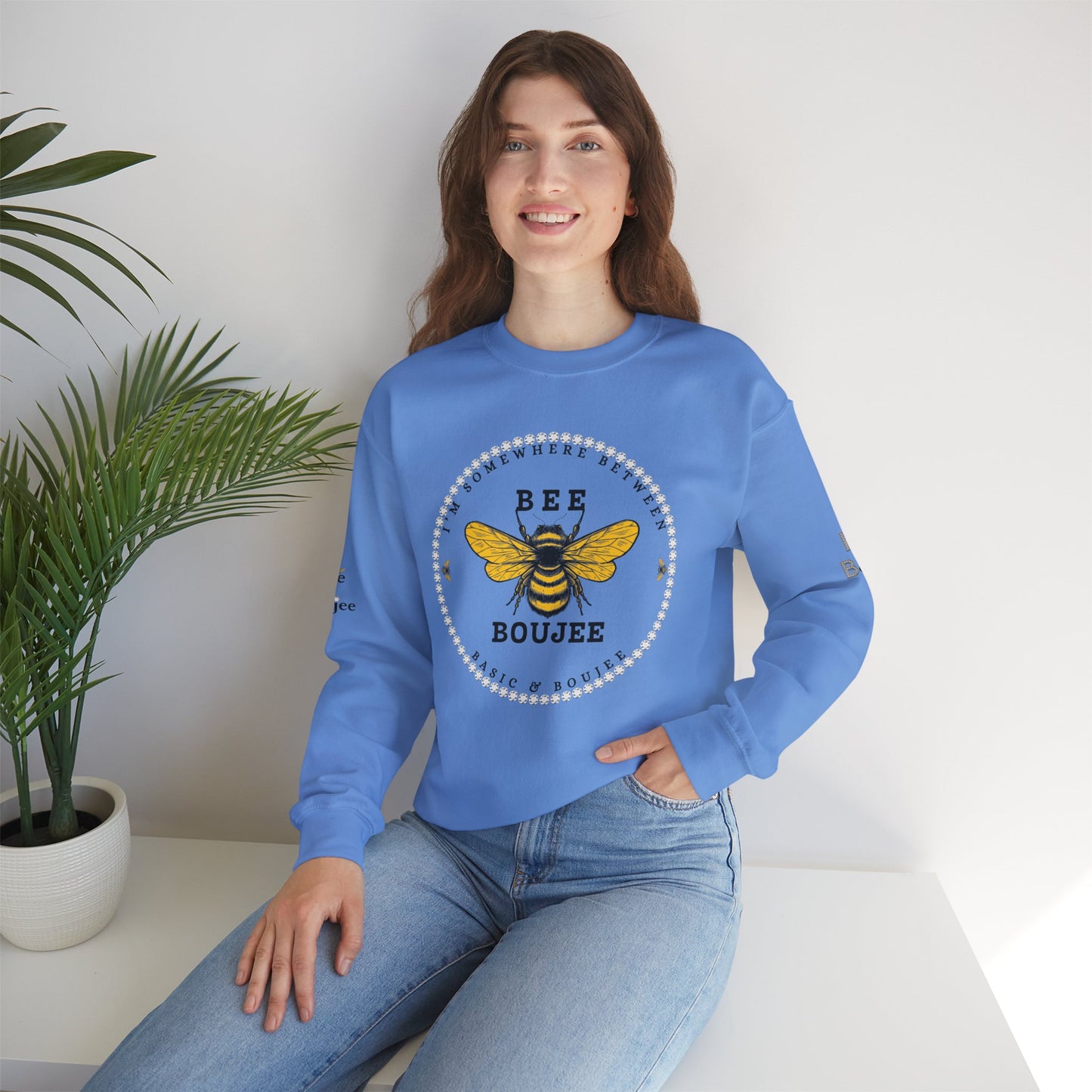 I'm Somewhere Between Basic & Boujee - Heavy Blend™ Light Colors Crewneck Sweatshirt