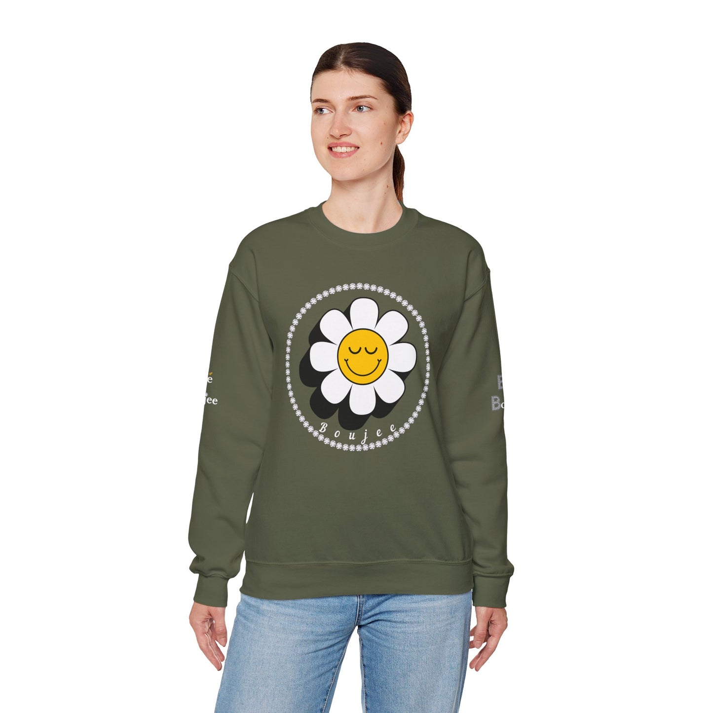 Boujee Flower Smiley Face Closed Eyes - Heavy Blend™ Dark Colors Crewneck Sweatshirt