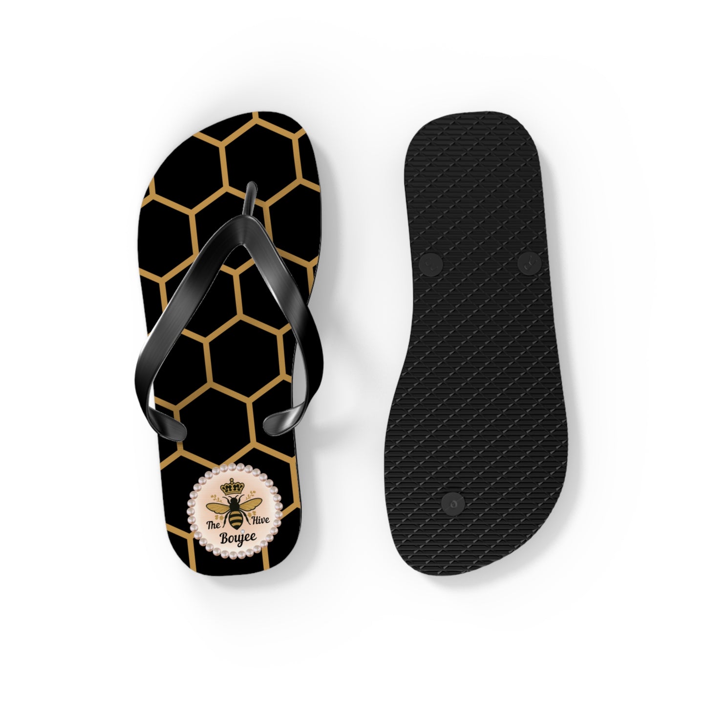 The Boujee Hive Crowned-Bee Flip-Flops (BLACK/Golden Honeycomb) - SMALL