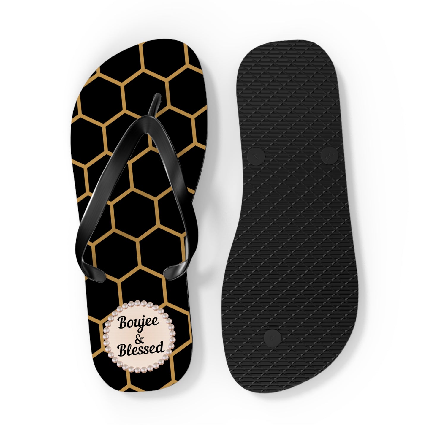 Boujee & Blessed Flip Flops - BLACK Golden Honeycomb - EXTRA LARGE