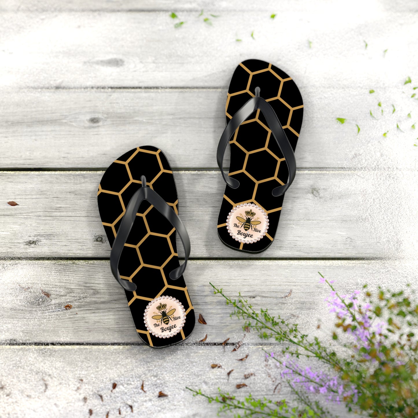 The Boujee Hive Crowned-Bee Flip-Flops (BLACK/Golden Honeycomb) - SMALL