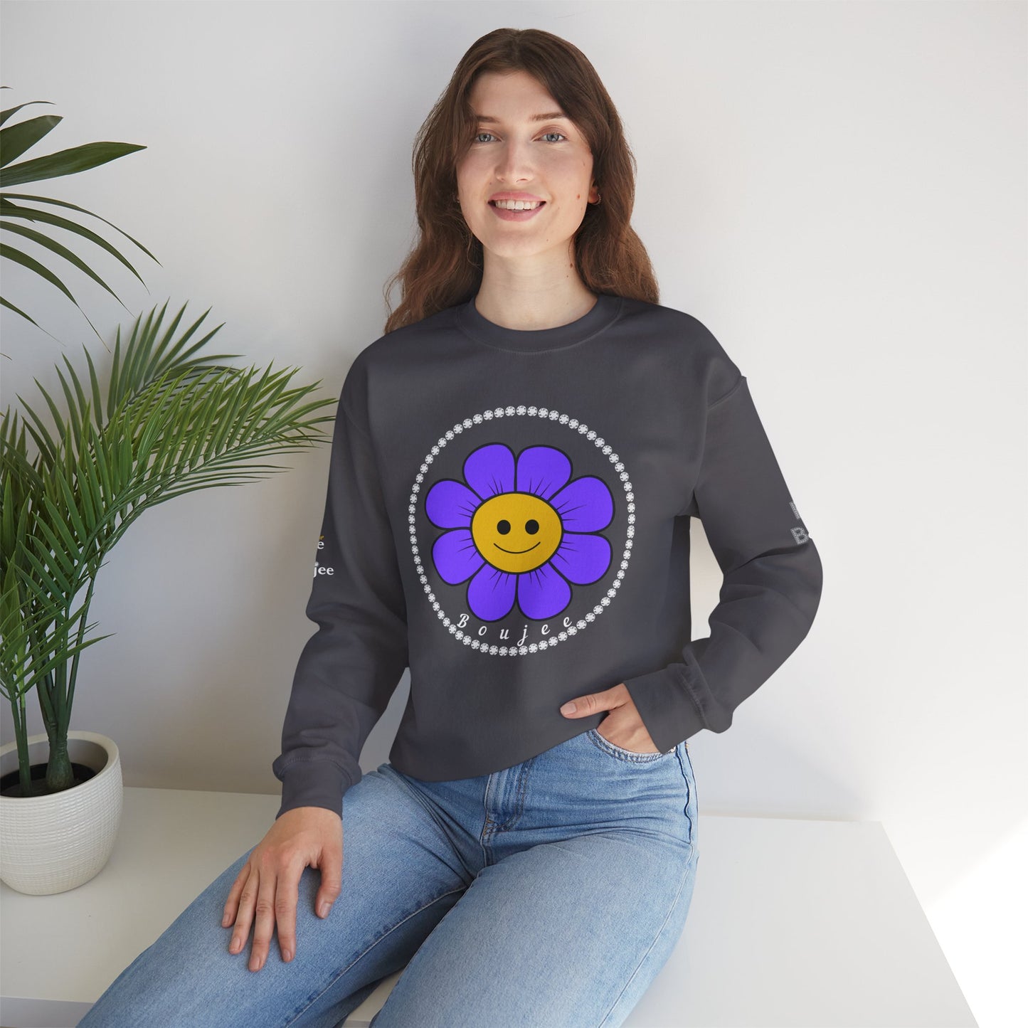 Boujee Flower Smiley Face Purple Gold - Heavy Blend™ Dark Colors Crewneck Sweatshirt