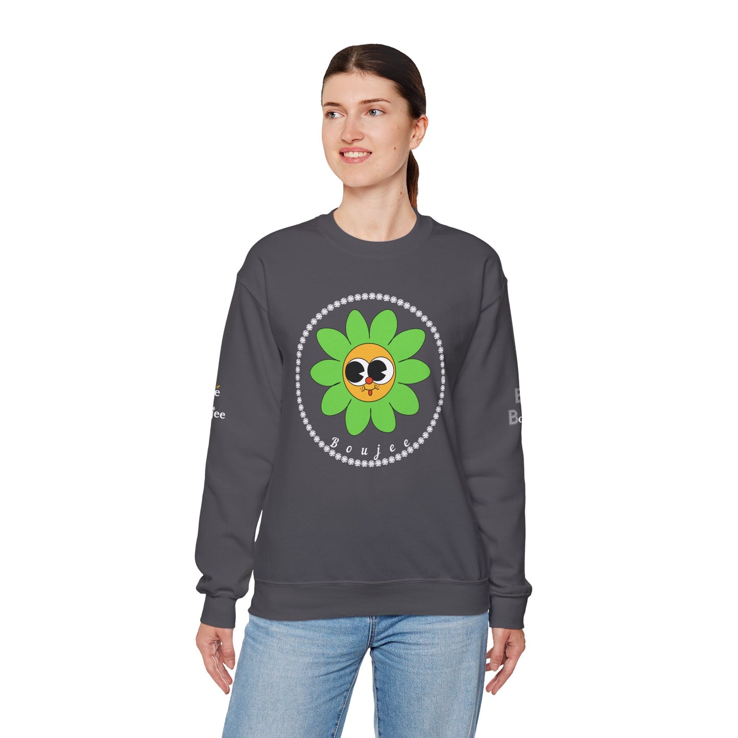 Boujee Flower Smiley Face Green Gold Wide-Eyed - Heavy Blend™ Dark Colors Crewneck Sweatshirt
