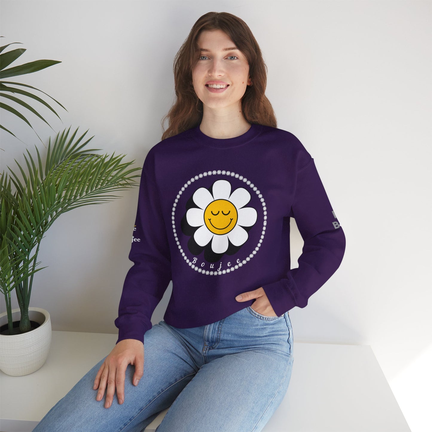 Boujee Flower Smiley Face Closed Eyes - Heavy Blend™ Dark Colors Crewneck Sweatshirt