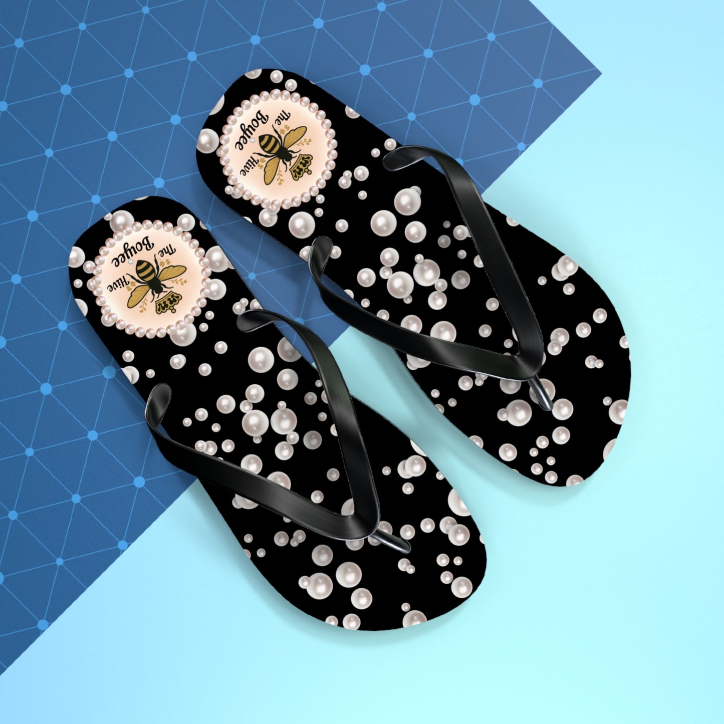 The Boujee Hive Flip Flops - BLACK in Sea of Pearls - LARGE