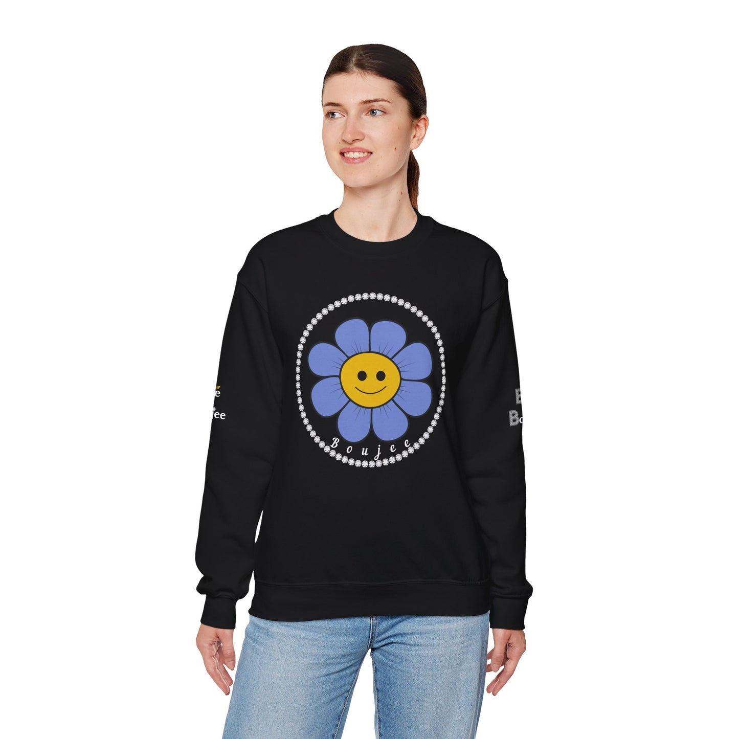 Boujee Flower Smiley Face Blue Gold - Heavy Blend™ Dark Colors Crewneck Sweatshirt