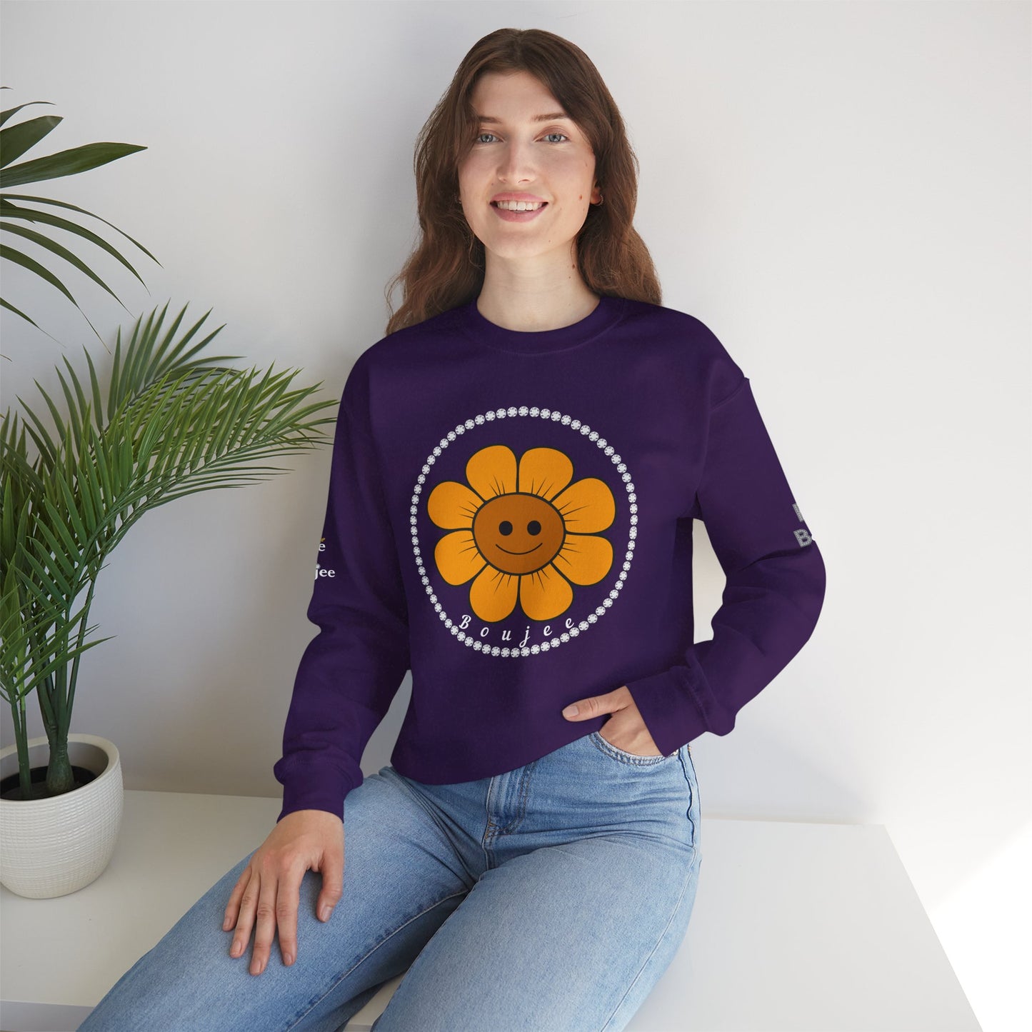 Boujee Flower Smiley Face Gold Light Brown - Heavy Blend™ Dark Colors Crewneck Sweatshirt