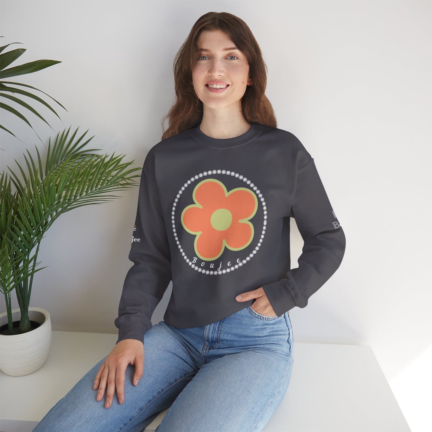 Boujee Flower Orange Green - Heavy Blend™ Dark Colors Crewneck Sweatshirt