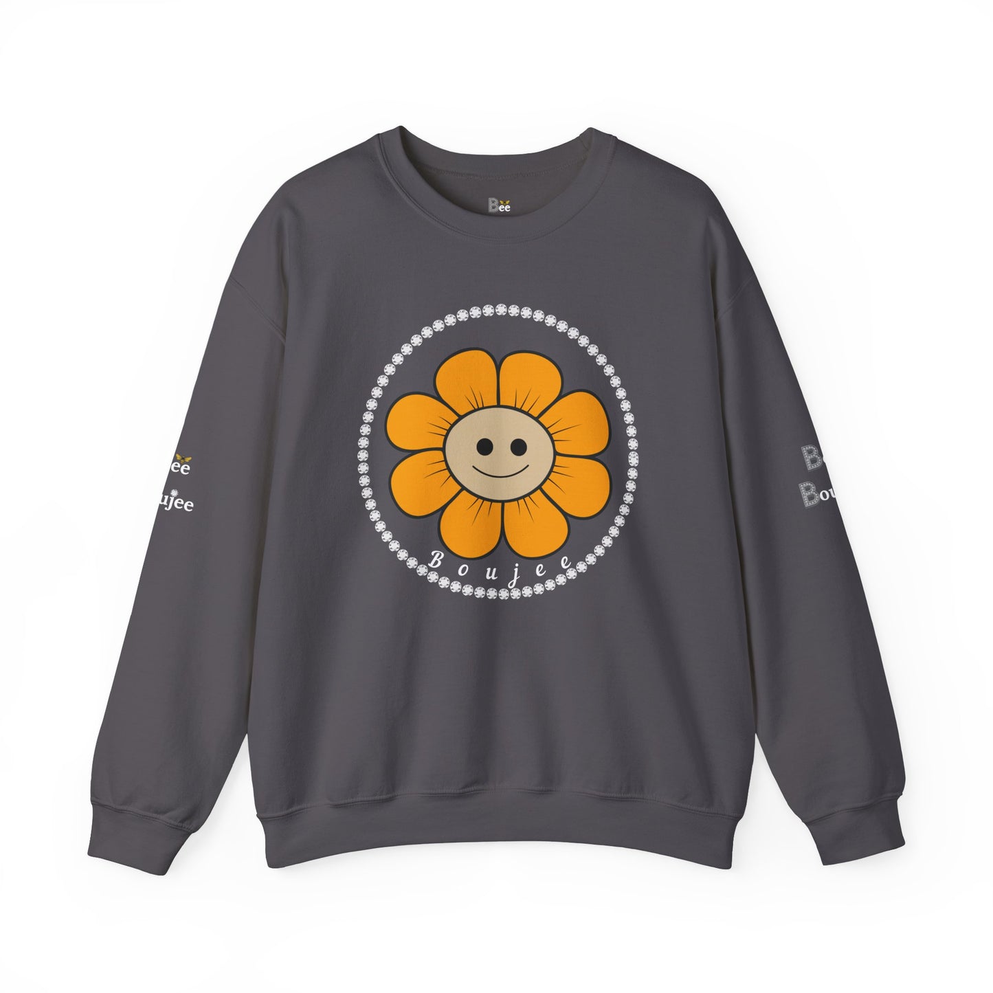 Boujee Flower Smiley Face Gold Tan - Heavy Blend™ Dark Colors Crewneck Sweatshirt