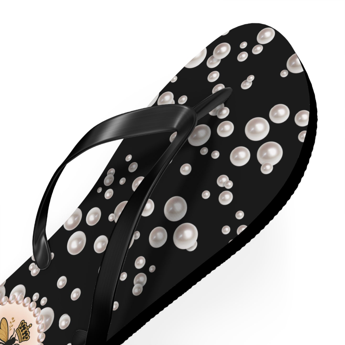 Bee Boujee Flip Flops - BLACK in Sea of Pearls - LARGE