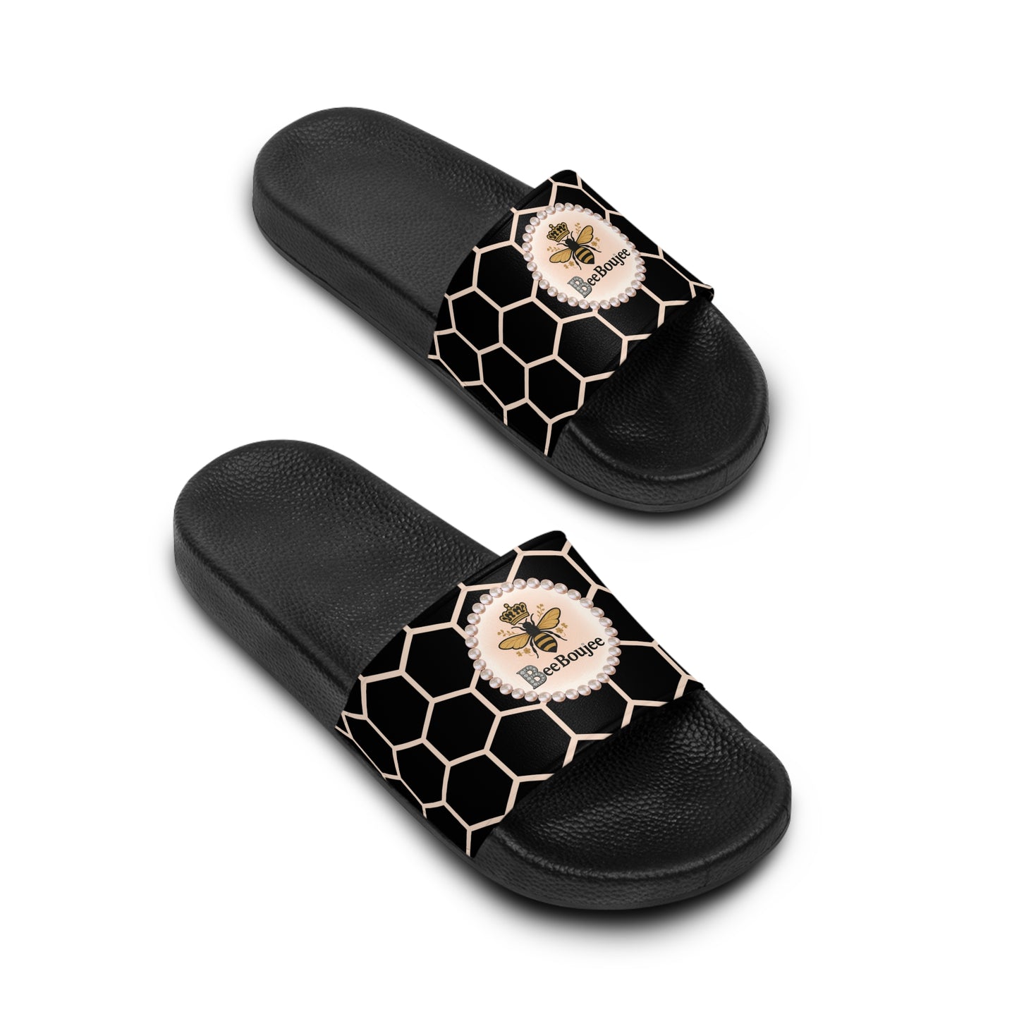 Bee Boujee Peach Honeycomb Pearl-Emblem Women’s Slides Sandals, Summer Footwear, Cute Beach Slippers, Casual Slip-Ons