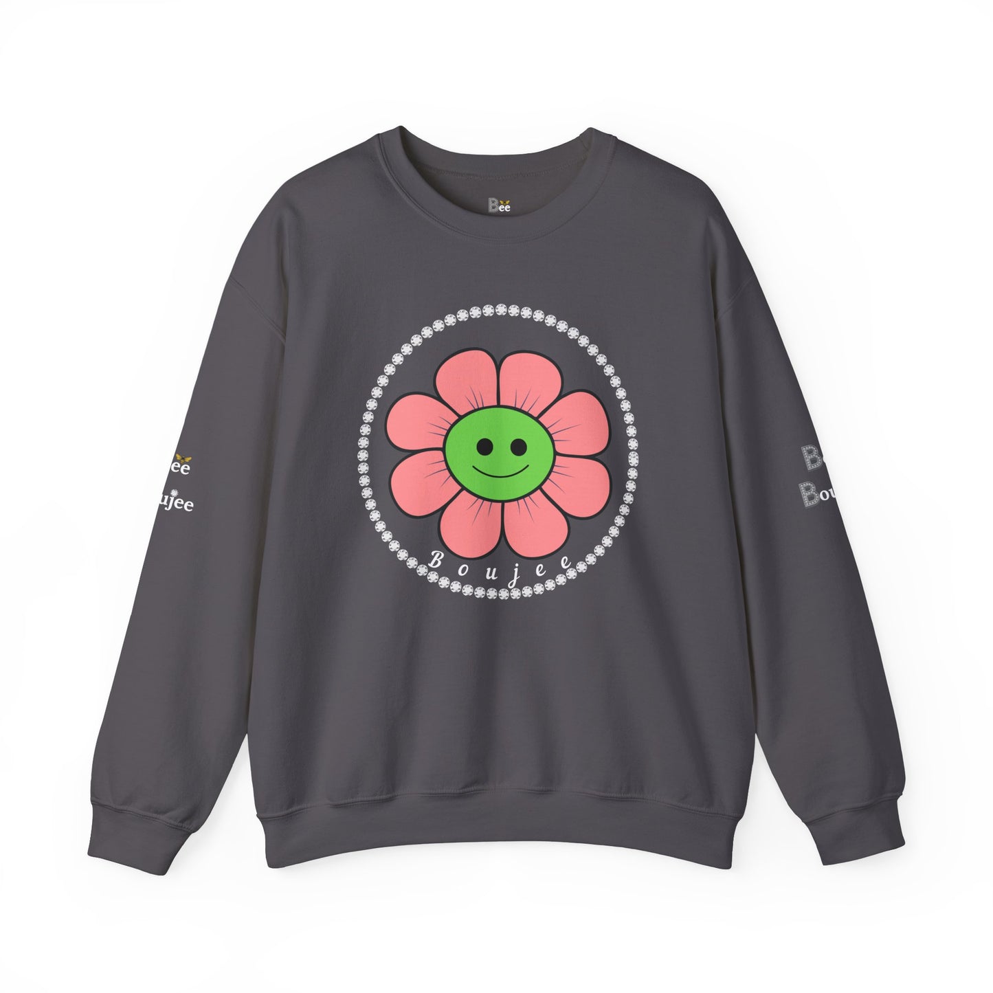 Boujee Flower Smiley Face Pink Green - Heavy Blend™ Dark Colors Crewneck Sweatshirt