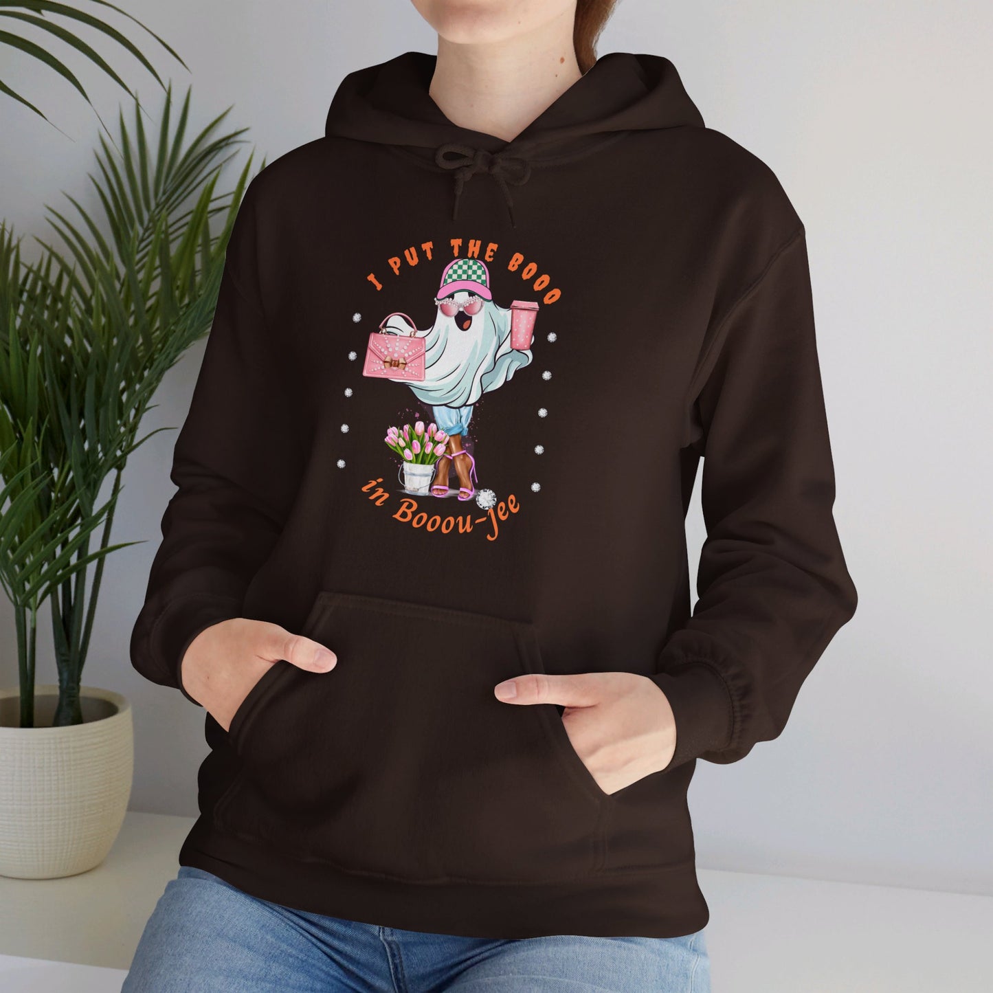 Halloween Booo in Boooujee Heavy Blend™ Hooded Sweatshirt - BROWN SKIN TONE
