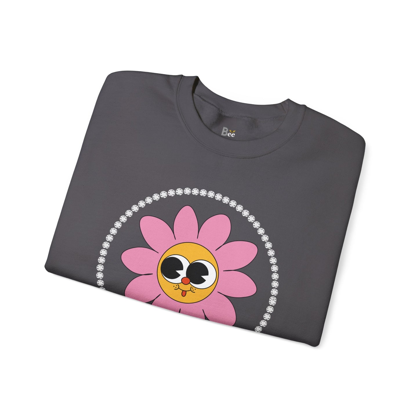 Boujee Flower Smiley Face Pink Gold Wide-Eyed - Heavy Blend™ Dark Colors Crewneck Sweatshirt