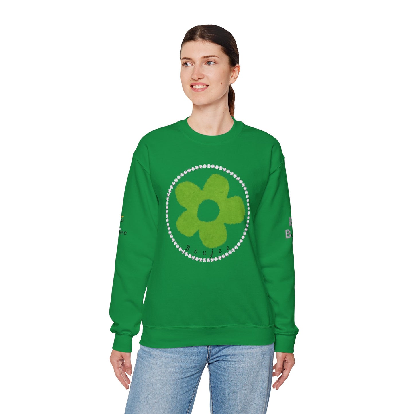 Boujee Fuzzy Green Flower - Heavy Blend™ Light Colors Crewneck Sweatshirt