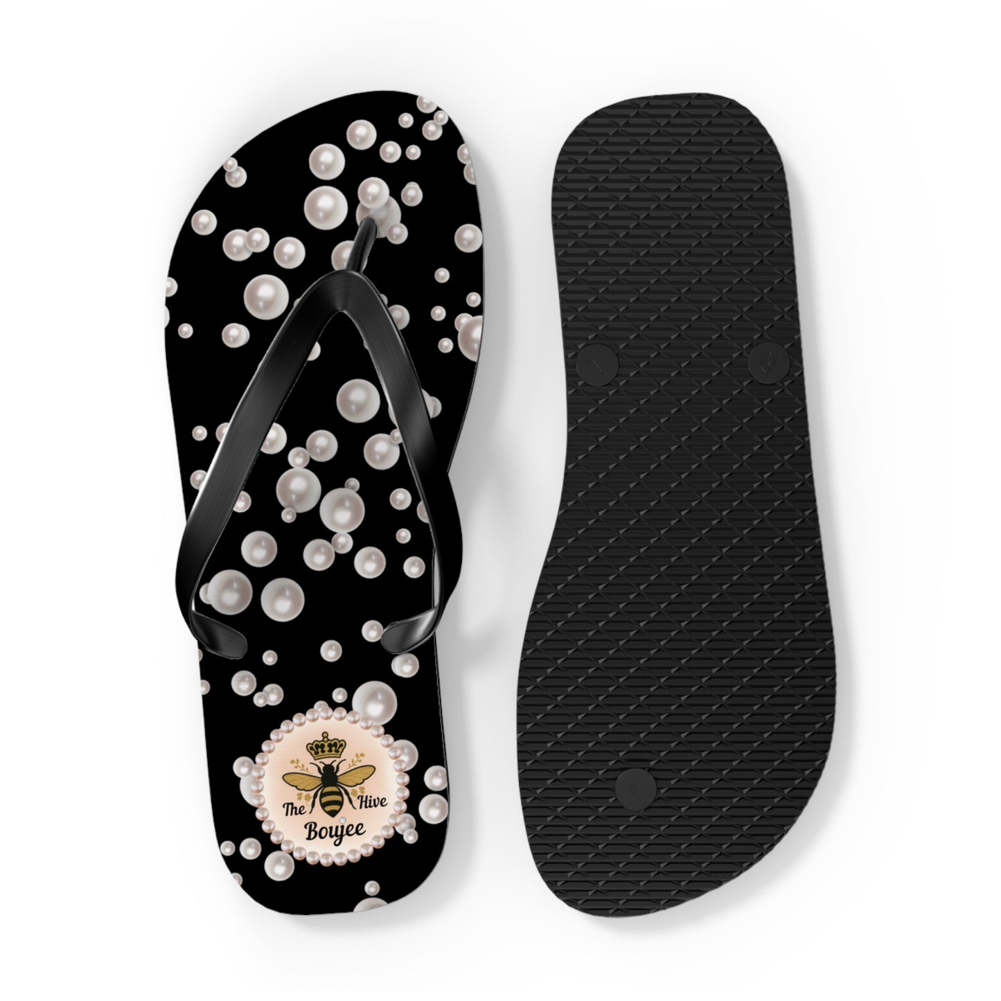 The Boujee Hive Flip Flops - BLACK in Sea of Pearls - EXTRA LARGE