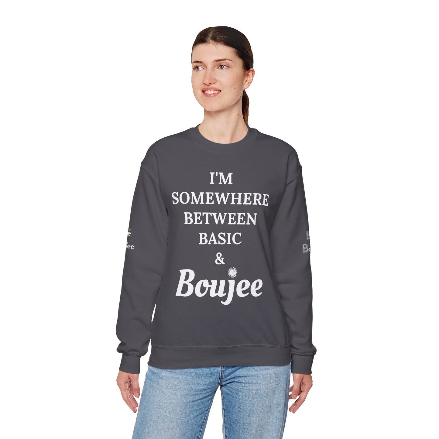 I'm Somewhere Between Basic & Boujee - Heavy Blend™ Dark Colors Crewneck Sweatshirt