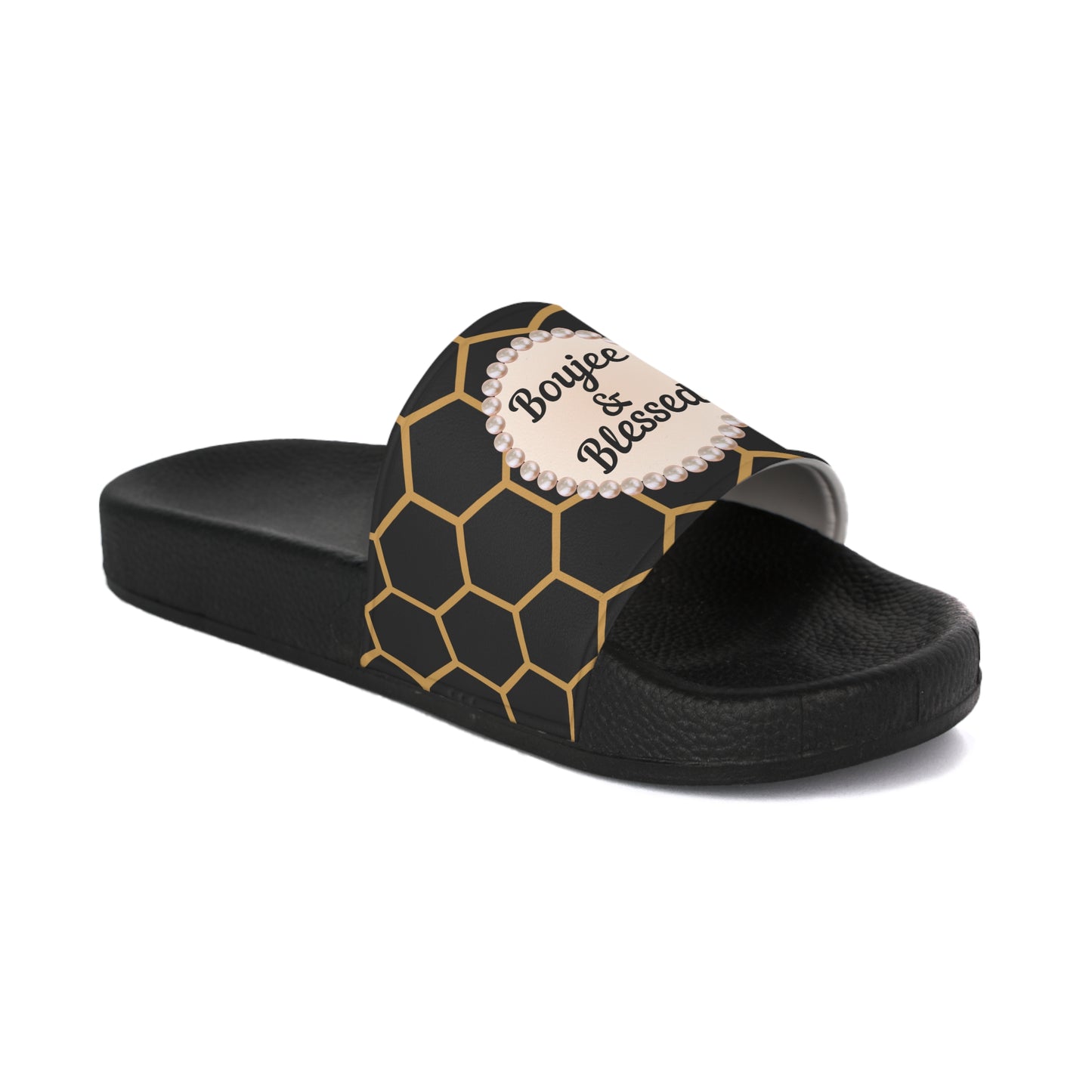 Boujee & Blessed Golden Honeycomb Pearl-Emblem Women’s Slides Sandals