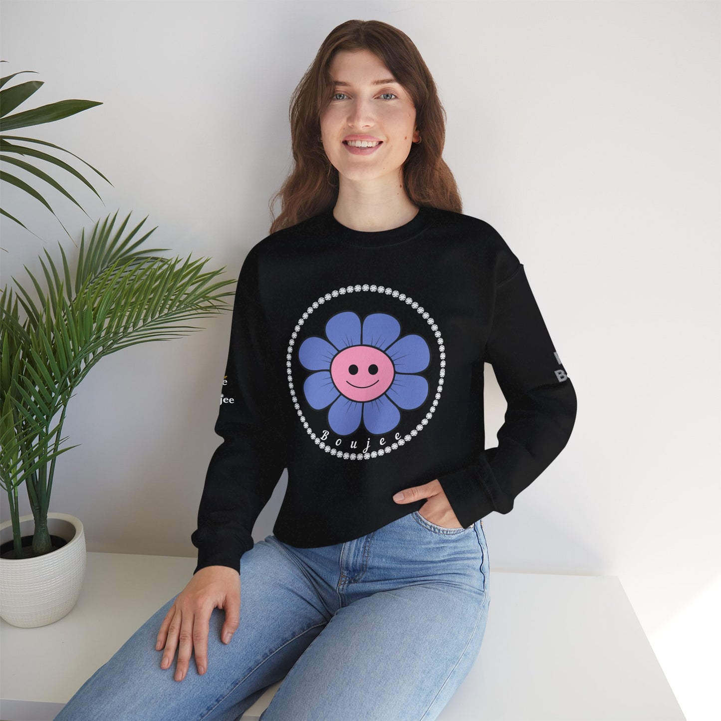 Boujee Flower Smiley Face Blue Pink - Heavy Blend™ Dark Colors Crewneck Sweatshirt