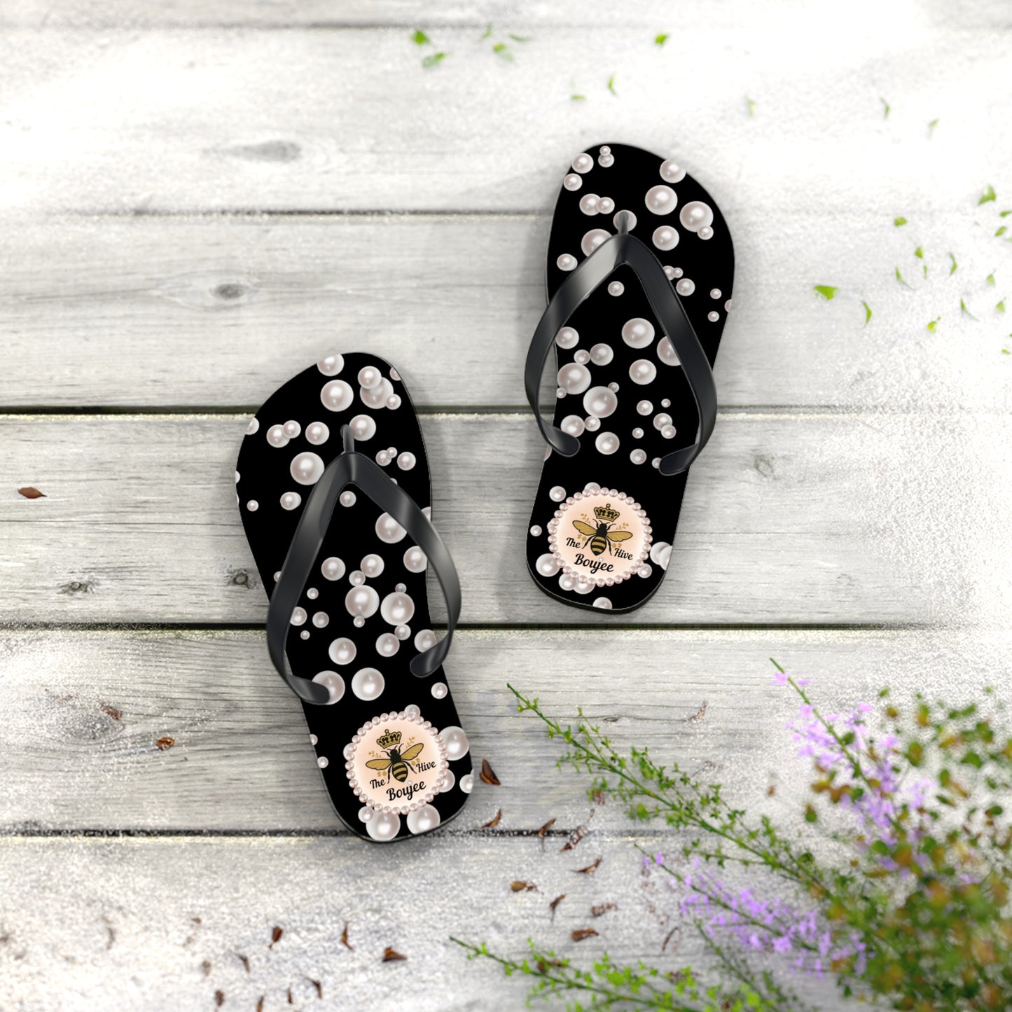 The Boujee Hive Crowned-Bee BLACK (Sea of Pearls) Flip-Flops - SMALL