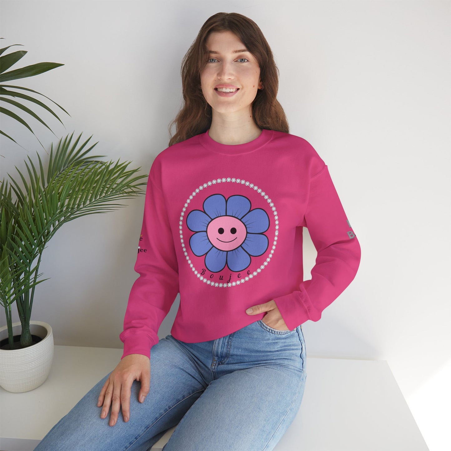 Boujee Flower Smiley Face Blue Pink - Heavy Blend™ Light Colors Crewneck Sweatshirt