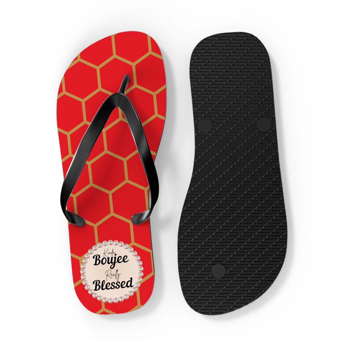 Kind Boujee Really Blessed Flip Flops - RED Golden Honeycomb - EXTRA LARGE