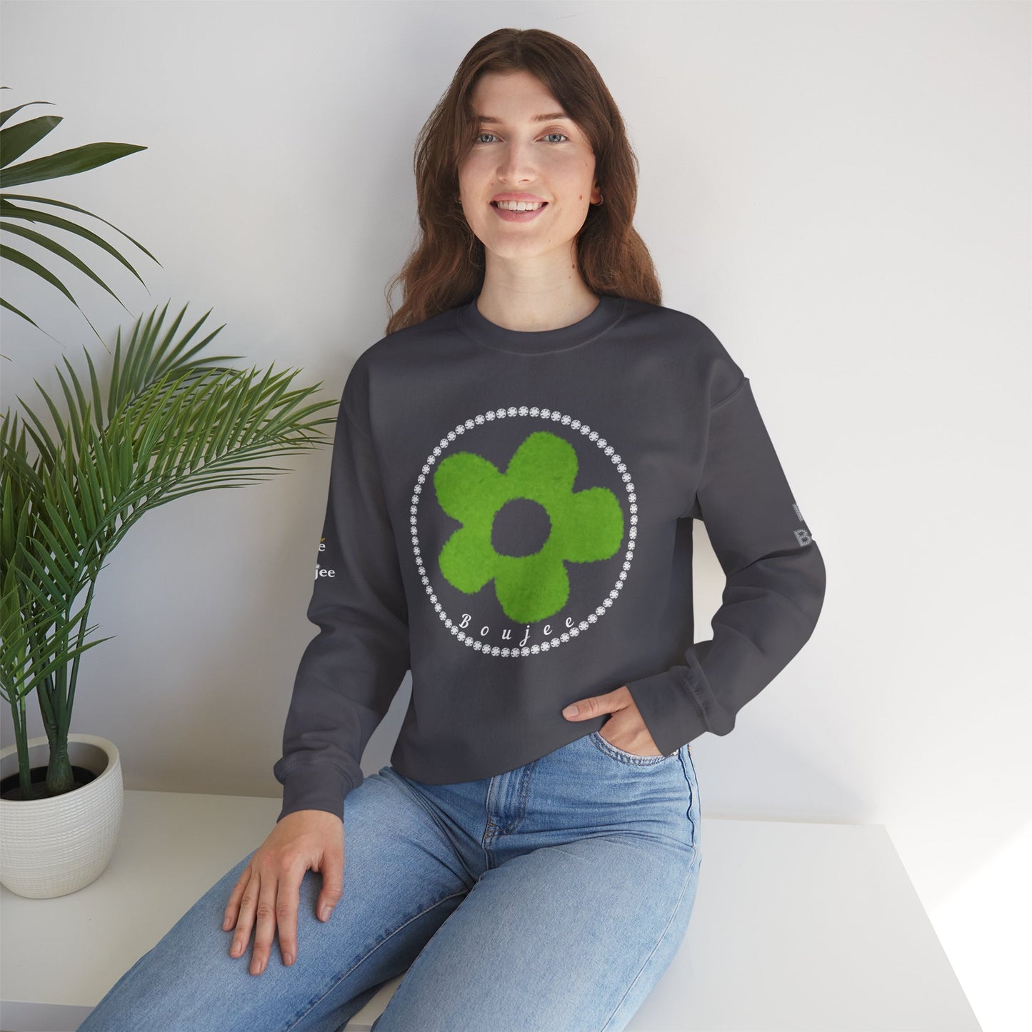 Boujee Fuzzy Green Flower- Heavy Blend™ Dark Colors Crewneck Sweatshirt