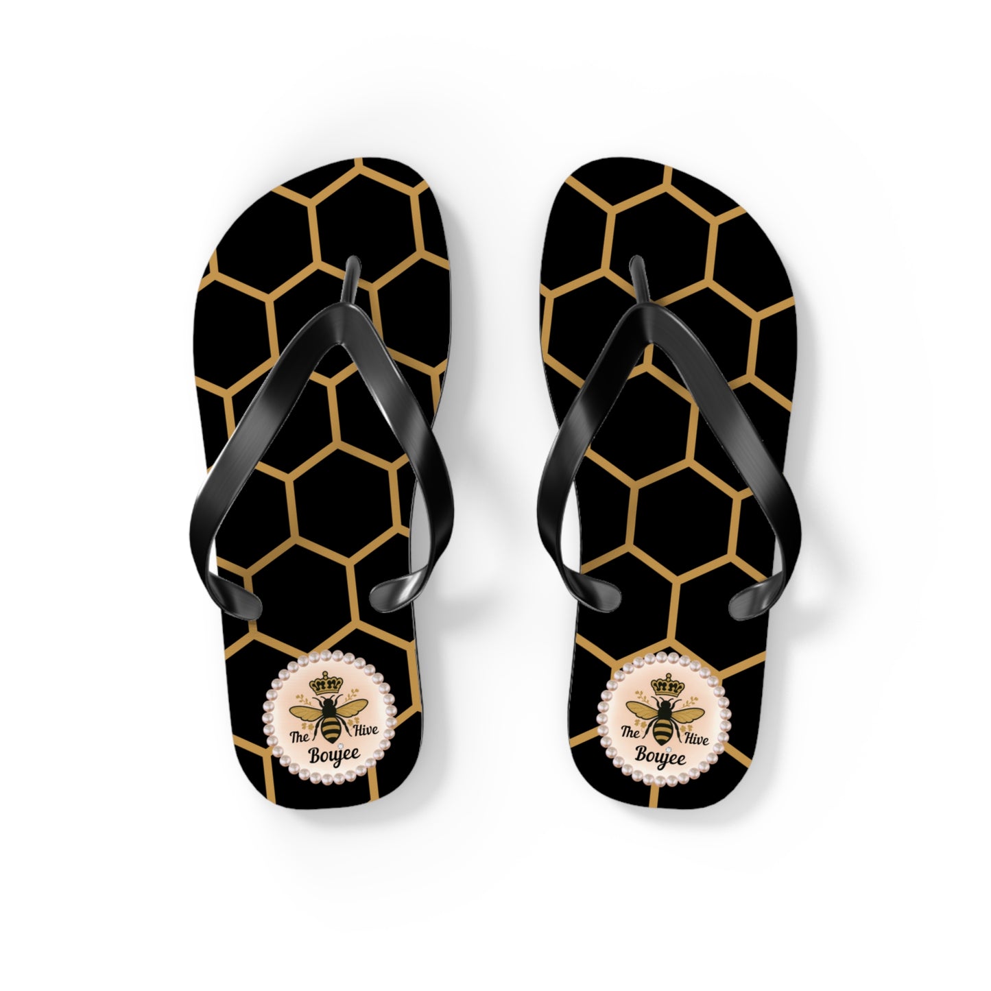 The Boujee Hive Crowned-Bee Flip-Flops (BLACK/Golden Honeycomb) - SMALL