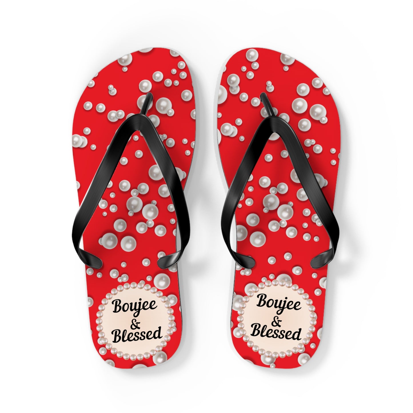 Boujee & Blessed Flip Flops - RED in Sea of Pearls - LARGE