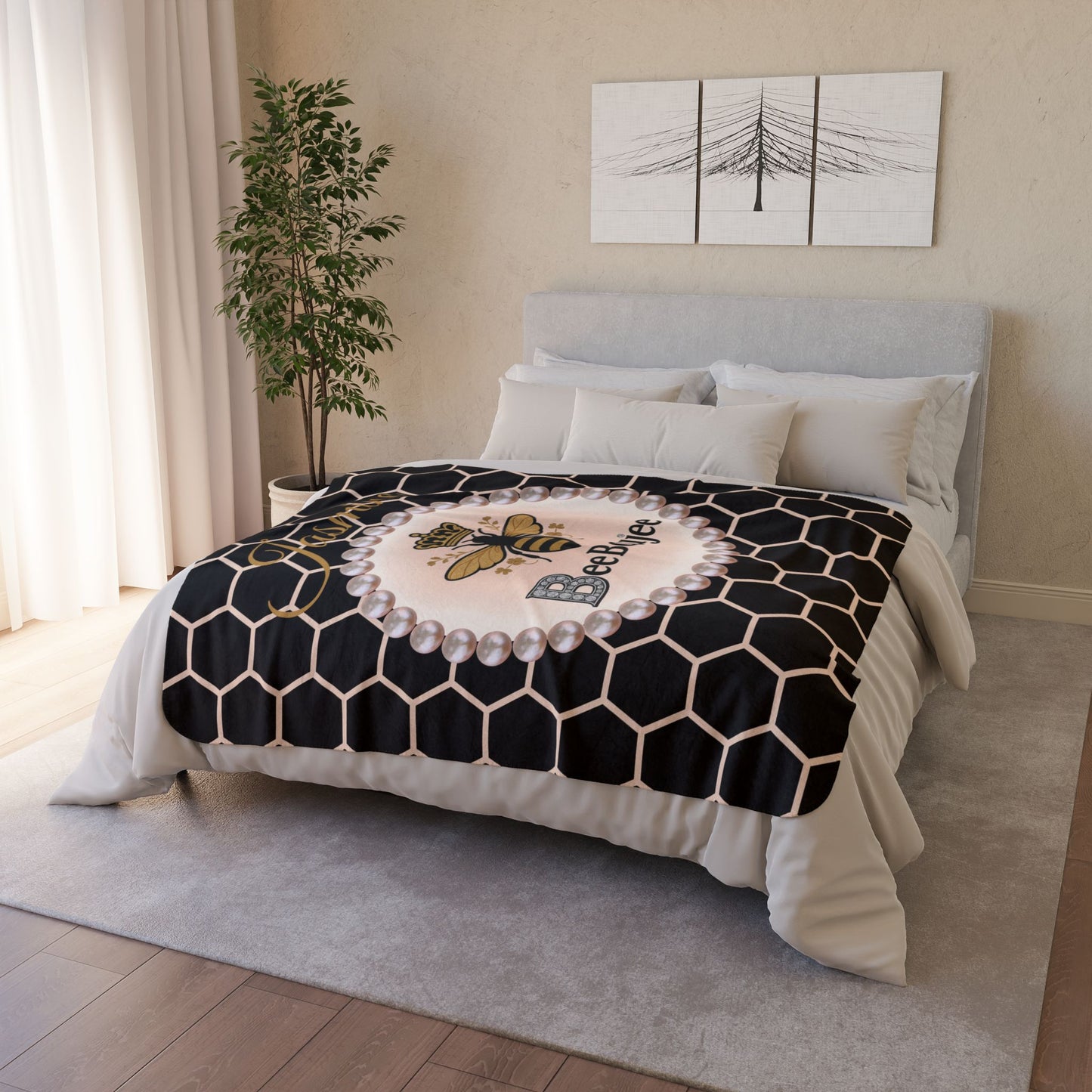 Personalized Luxurious Bee Boujee Pearl-Print Sherpa Fleece Blanket - 2 Sizes and 3 Designs